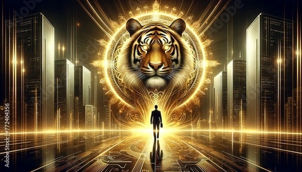 Fototapeta A man stands in front of a large tiger. The tiger is surrounded by a golden circle. The man is wearing a black suit. The image has a futuristic and mysterious vibe