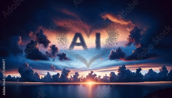 Fototapeta A heart made of birds is written AI in the sky above a body of water. Concept of AI freedom and peace, as the birds symbolize the ability to soar and the water represents tranquility