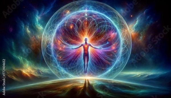 Obraz A man is floating in a colorful, glowing orb. Concept of wonder and awe, as if the man is in a dreamlike state or experiencing a spiritual awakening