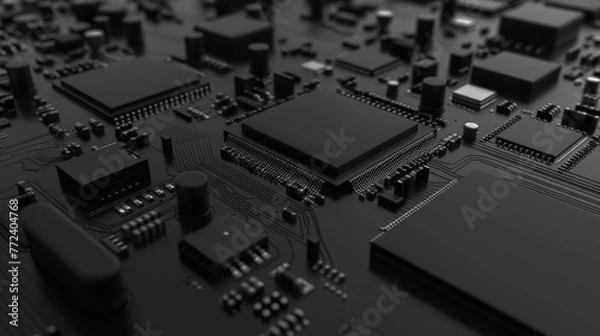 Fototapeta This image captures the intricate details of a sleek black electronic circuit board with a central processing unit and various electronic components