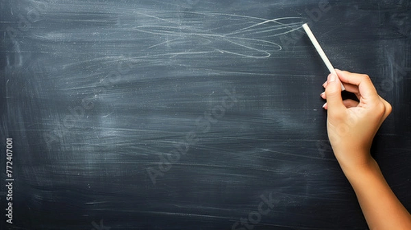 Obraz Frame design for teachers' day or back to school season. A hand holding a chalk is writing on a clean blackboard with blank space for text.