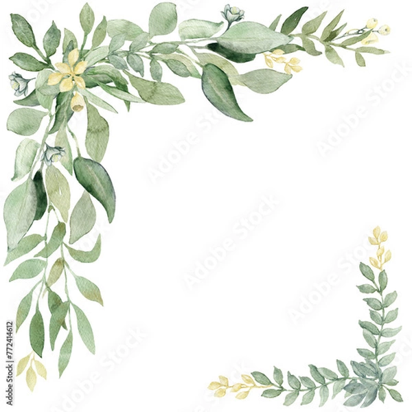 Fototapeta Frame with spring greenery, watercolor illustration with leaves on transparent background