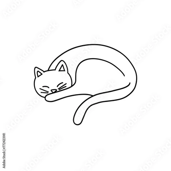 Fototapeta Cute cat sleeping on his back sketch engraving vector illustration. T-shirt apparel print design. Scratch board imitation. Black and white hand drawn image.
