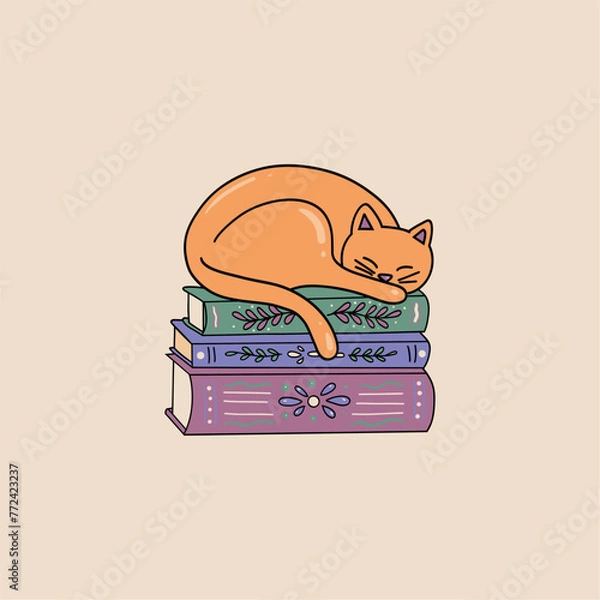 Obraz Vector illustration of a cat sleeping on books