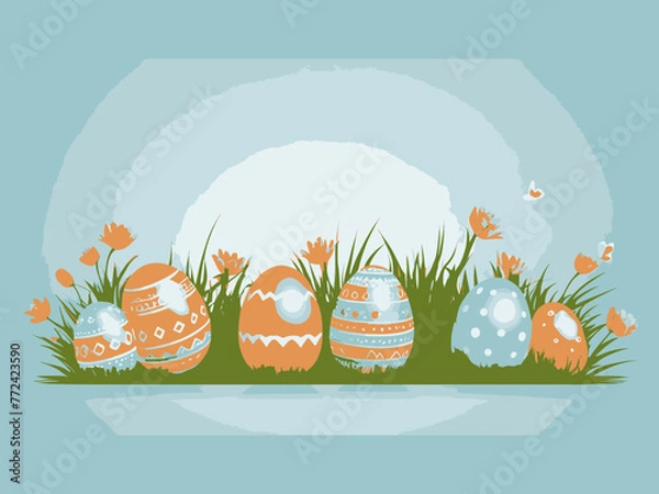 Obraz Easter background with eggs in grass and with vector illustration Greetings and presents for Easter Day 