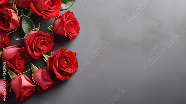 Obraz Red roses mock up banner on gray desktop background, top view
