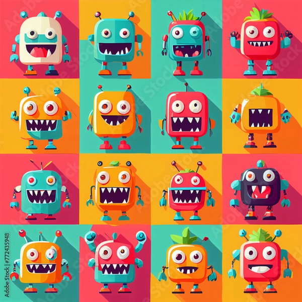 Fototapeta set, Vibrant Flat Design: Playful Exaggerations of Colorful Monsters