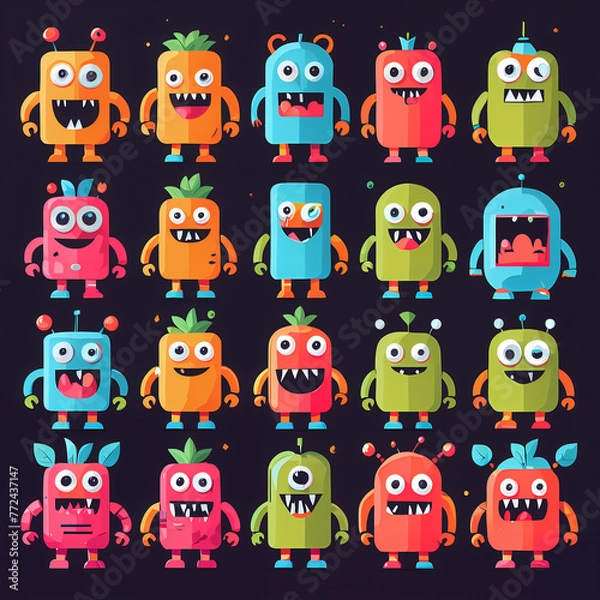 Fototapeta set, Vibrant Flat Design: Playful Exaggerations of Colorful Monsters