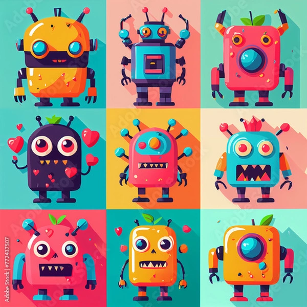 Fototapeta set, Vibrant Flat Design: Playful Exaggerations of Colorful Monsters