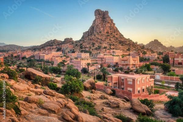Fototapeta Tafraout town and Napoleon's Hat rock, Atlas mountains, Morocco, in sunset light