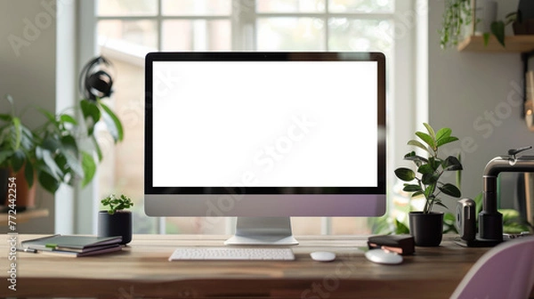 Fototapeta Mockup blank screen computer desktop at home. Generative AI