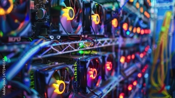 Fototapeta room with bitcoin cryptocurrency mining vga rack
