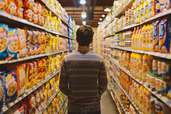 Fototapeta Rear view of man standing in aisle of food store in supermarket