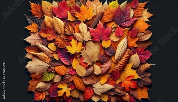 Fototapeta Colorful Array of Autumn Leaves on Dark Background