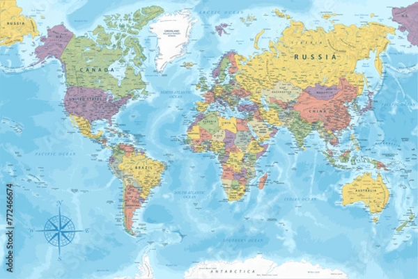 Fototapeta World Map - Highly Detailed Colored Vector Map of the World. Ideally for the Print Posters.