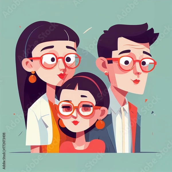 Fototapeta set illustration featuring characters with distinct hairstyles, glasses, and expressive eyes. The modern, flat design uses vibrant colors and minimalistic features. 