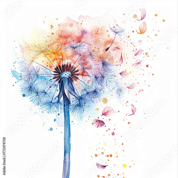 Fototapeta Watercolor clipart of dandelion in the wind, pastel colors, with clear margin on a white background. Perfect for nature-themed designs, greeting cards, and springtime illustrations.