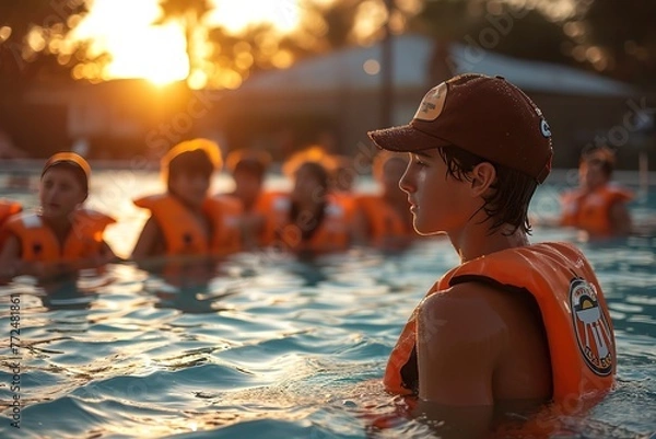 Fototapeta A lifeguard conducting a swim safety demonstration for children at a pool