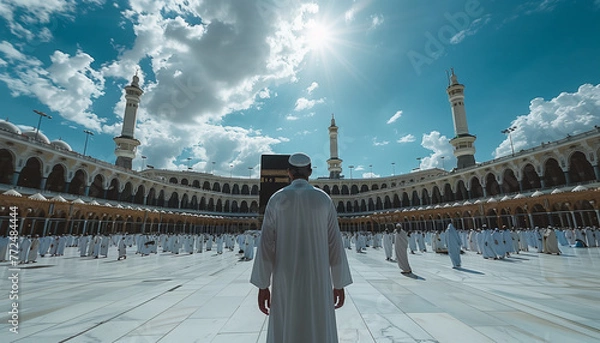Fototapeta man in white jubah standing in front of kaaba mecca