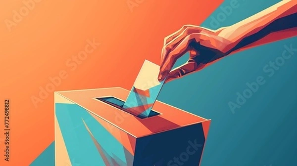 Obraz Democracy, voter and elections concept illustration, in tones of teal and orange. Closeup of a hand casting a vote into the ballot box.