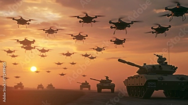 Obraz Military drones and modern warfare concept. Silhouettes of drones and tanks going into battle illustration 