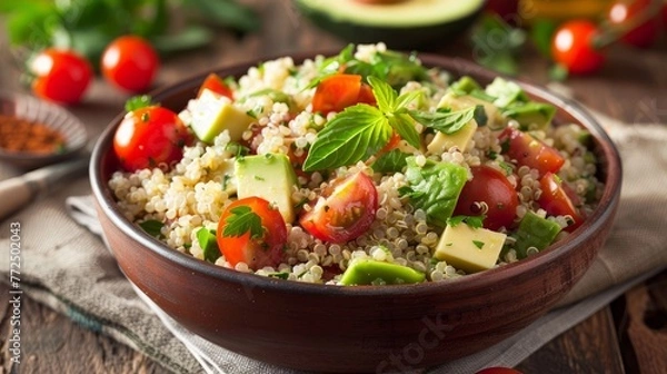 Fototapeta A bowl of quinoa salad with avocado and cherry tomatoes