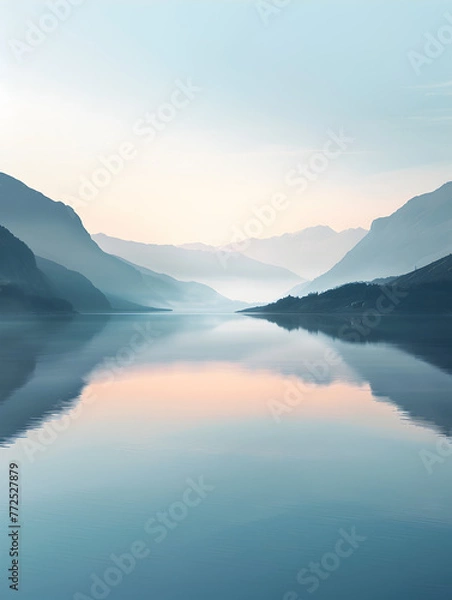 Fototapeta An ethereal landscape portraying a tranquil lake with soft light illuminating the distant mountains at twilight