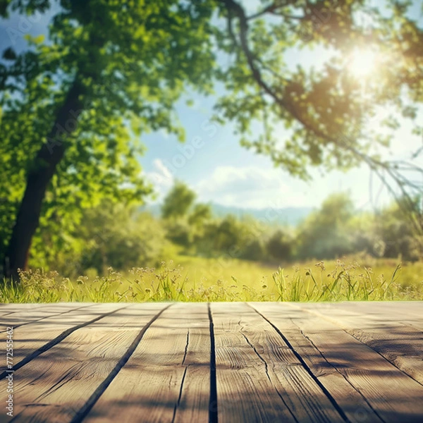 Fototapeta Tidy rustic wooden boards in the foreground, blurred lush trees in the background are a refreshing backdrop.