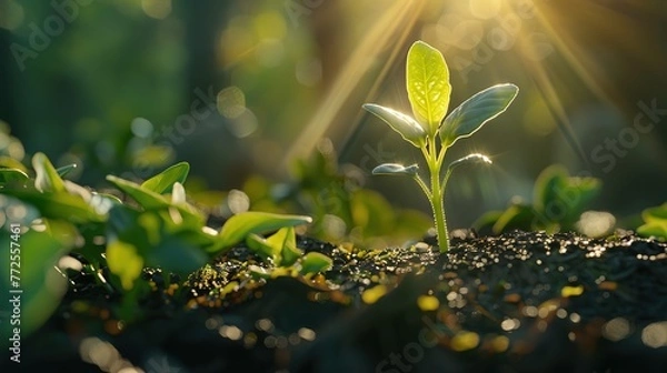 Fototapeta Plant growth, business concept background - Closeup of growing little green sprout appearing from the ground. Awakening of the nature in spring, illuminated by the sun generative ai