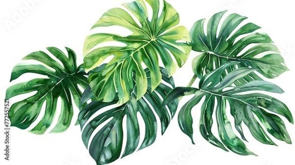 Fototapeta Exotic plants, palm leaves, monstera on an isolated white background, watercolor vector illustration ai generated  image