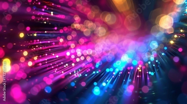 Fototapeta Neon lights blur into a glow, overlaying colors in a disco-like illumination, creating a soft ultraviolet radiance on a dark, abstract space