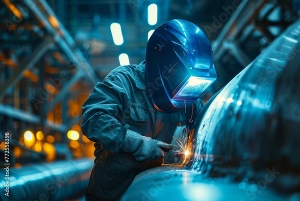 Fototapeta Professional welder at work in industrial environment, welding metal with precision
