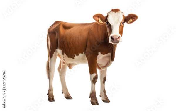 Fototapeta A serene brown and white cow peacefully standing in front of a white backdrop