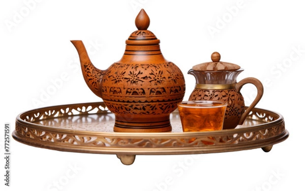 Fototapeta A tray holds a delicate tea pot and a cup, inviting a moment of calm and reflection