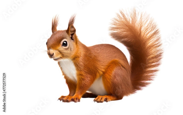 Fototapeta A red squirrel balances on its hind legs, standing tall and alert in a natural setting