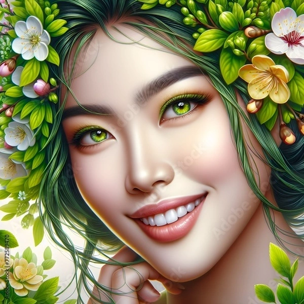 Fototapeta Portrait of a spring girl in flowers close-up