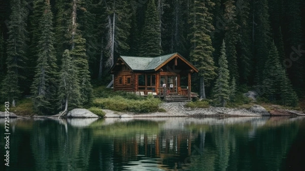 Obraz Tranquil Cabin Retreat by a Forest Lake