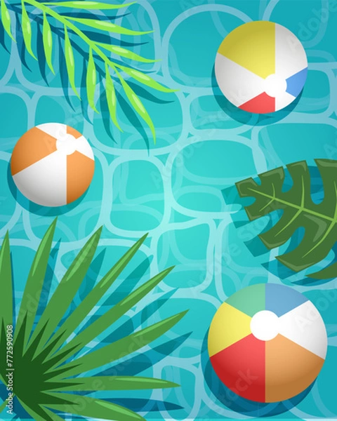Fototapeta Summer vector background with beach balls and leaves, for banners, postcards, flyers, wallpapers for social networks, etc.