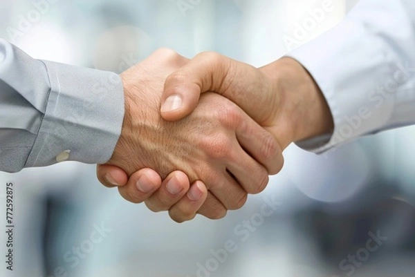 Fototapeta Two individuals are shown up close, engaging in a handshake as a symbol of mutual agreement and partnership.