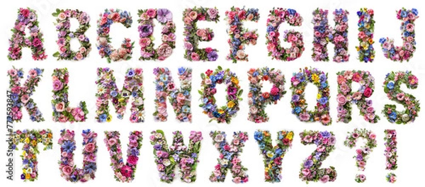 Fototapeta Flower font alphabet isolated on white background. Collection floral letters for book design, brand name, wedding invitation thanks card
