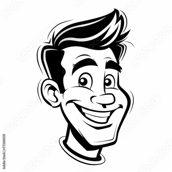 Fototapeta cartoon of a handsome smiling mans face with a smile, black on white background, mascot logo, simple design, expense lines, retro, simple, line art generative ai