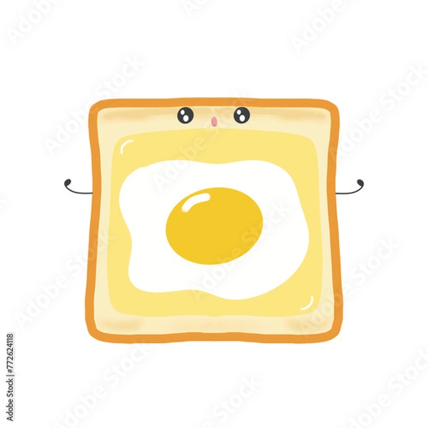 Fototapeta Happy Cute Sunny Side Egg Fried Egg and Cheese Toast Bread Smiling Illustration