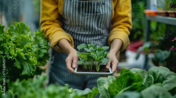 Fototapeta A woman is holding a tray of seedlings in her hands. She is wearing a yellow apron and is surrounded by various plants. Concept of growth and nurturing, as the woman is tending to the seedlings