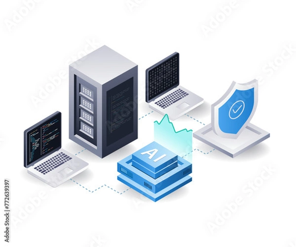 Obraz Management of artificial intelligence server data analysis, flat isometric 3d illustration