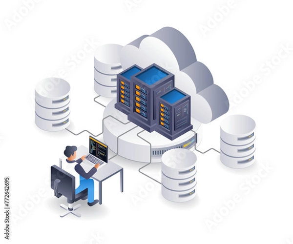 Fototapeta Business cloud server management operator, flat isometric 3d illustration