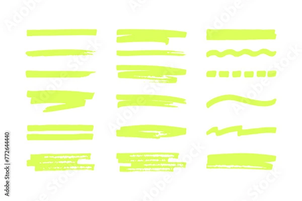 Fototapeta Marker highlighters collection. Brush lines isolated on white background. Hand drawn underline design elements set.