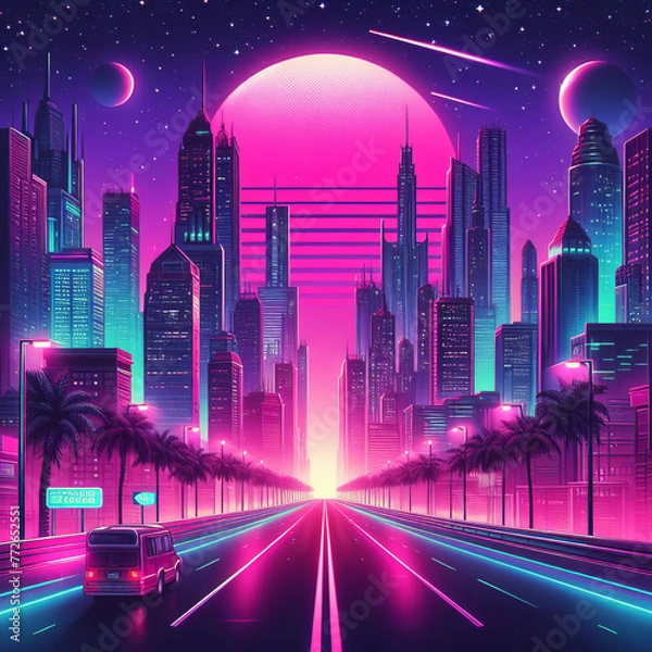 Obraz Synthwave retro cyberpunk style landscape road city background banner or wallpaper. Bright neon pink and purple colors