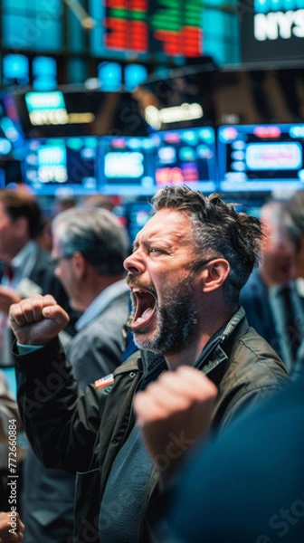 Fototapeta An exuberant stock trader celebrates a victorious moment on the bustling floor of the stock exchange with digital boards in the background.