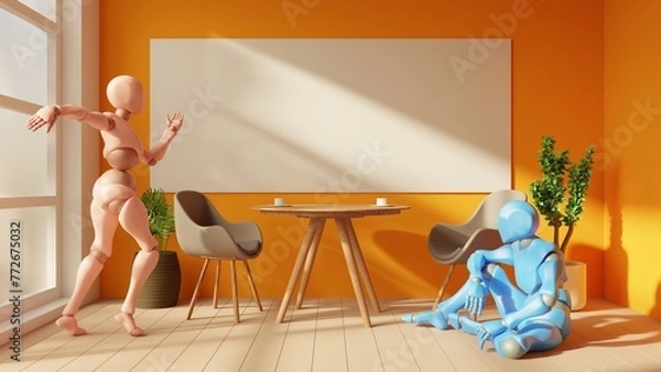 Fototapeta There are two humanoid robots in the interior: one gracefully dances like a woman, the other sits like a man. The contrast between futuristic robots and the familiar home environment is surprising