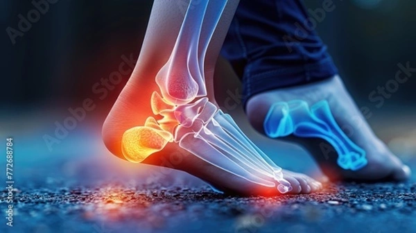 Fototapeta Conceptual image of a person's heel, joint diseases, hallux valgus, plantar fasciitis, heel spur, illustration made with generative AI